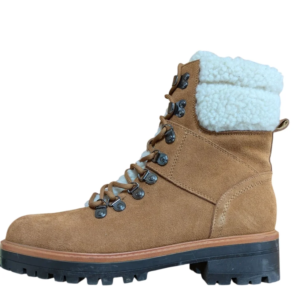 Marc Fisher Isalia Combat Boot Tan Suede with Faux Shearling Lining Size 8.5